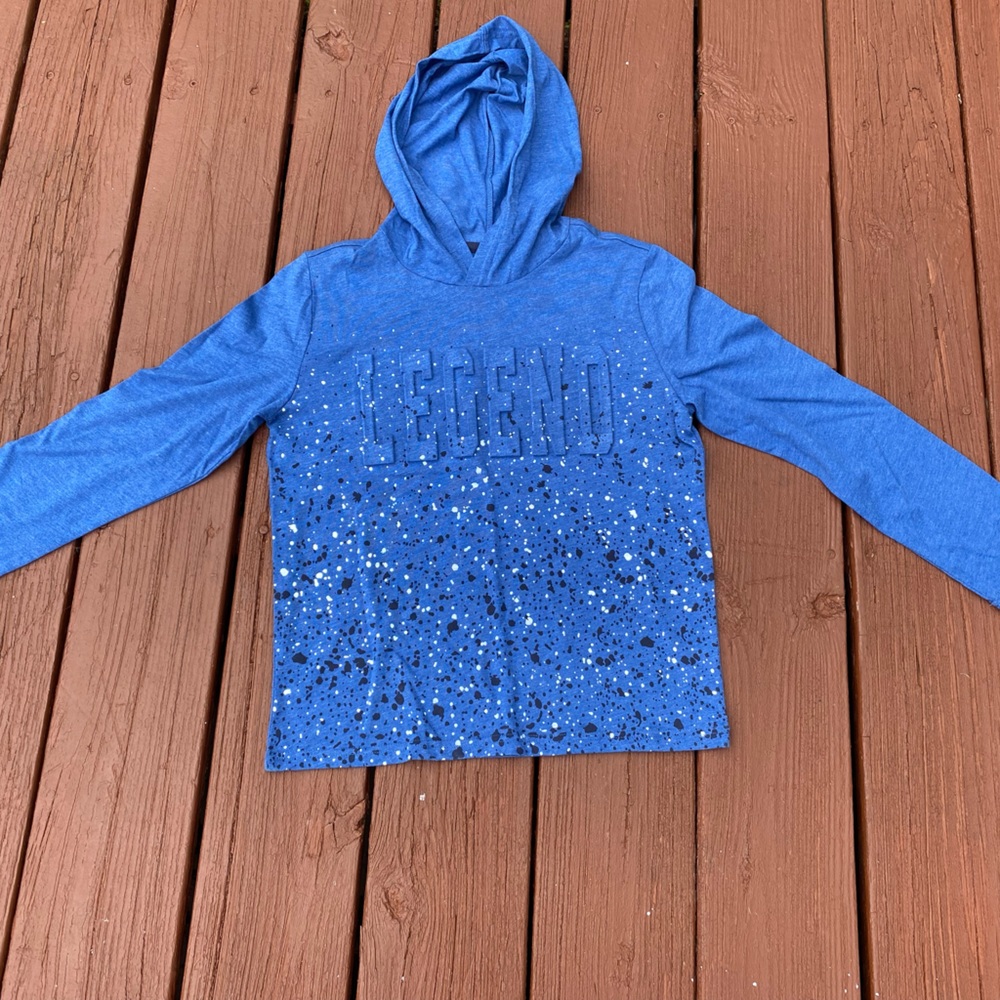 Boys long sleeve blue shirt with hood. Size 8.